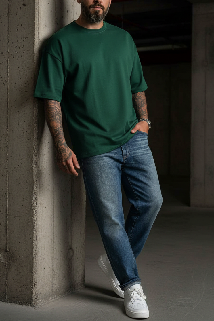 Basic Oversized T-shirt Με Κέντημα - Πράσινο