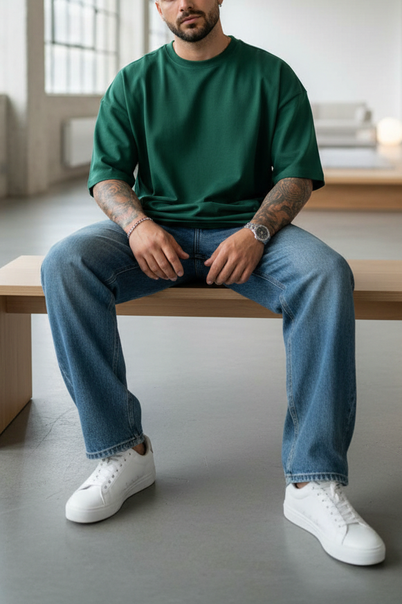 Basic Oversized T-shirt Με Κέντημα - Πράσινο