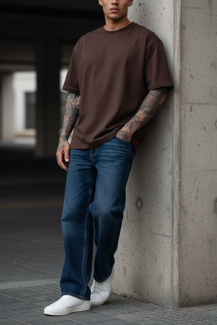 Basic Oversized T-shirt Με Κέντημα - Καφέ