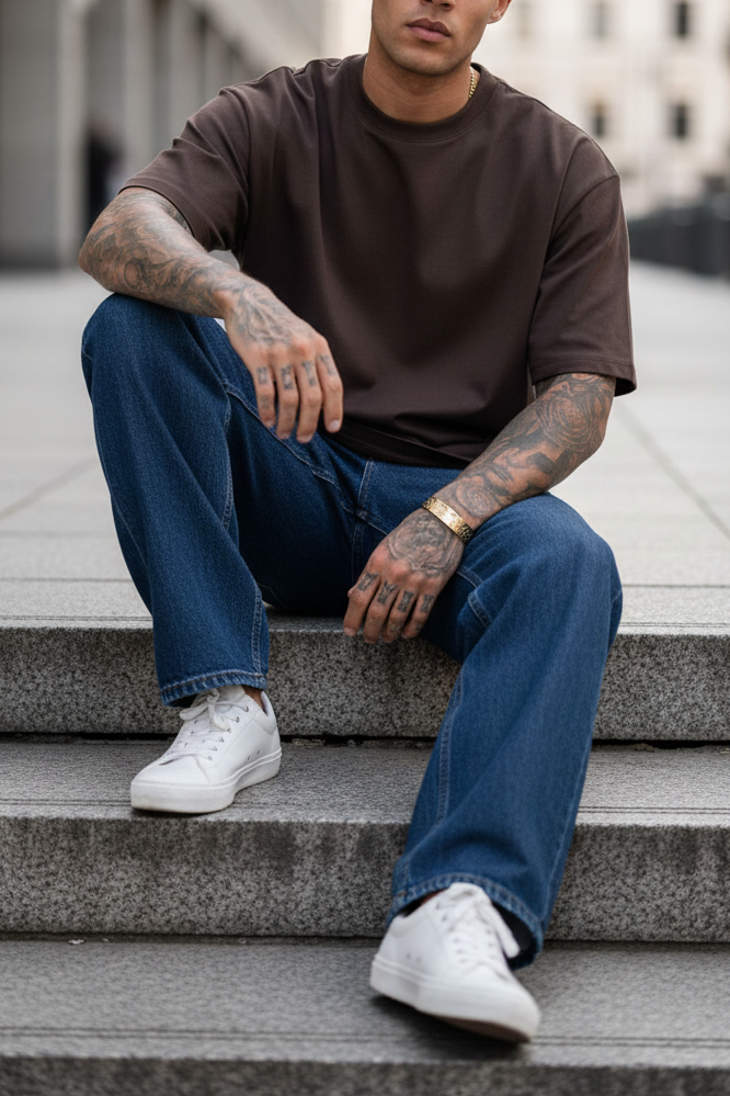 Basic Oversized T-shirt Με Κέντημα - Καφέ