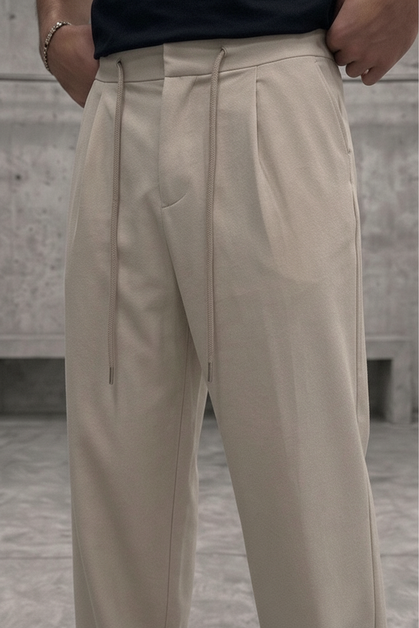 Παντελόνι Premium Viscose-Blend Baggy Drawstring Studio –  Μπεζ-Εκρού