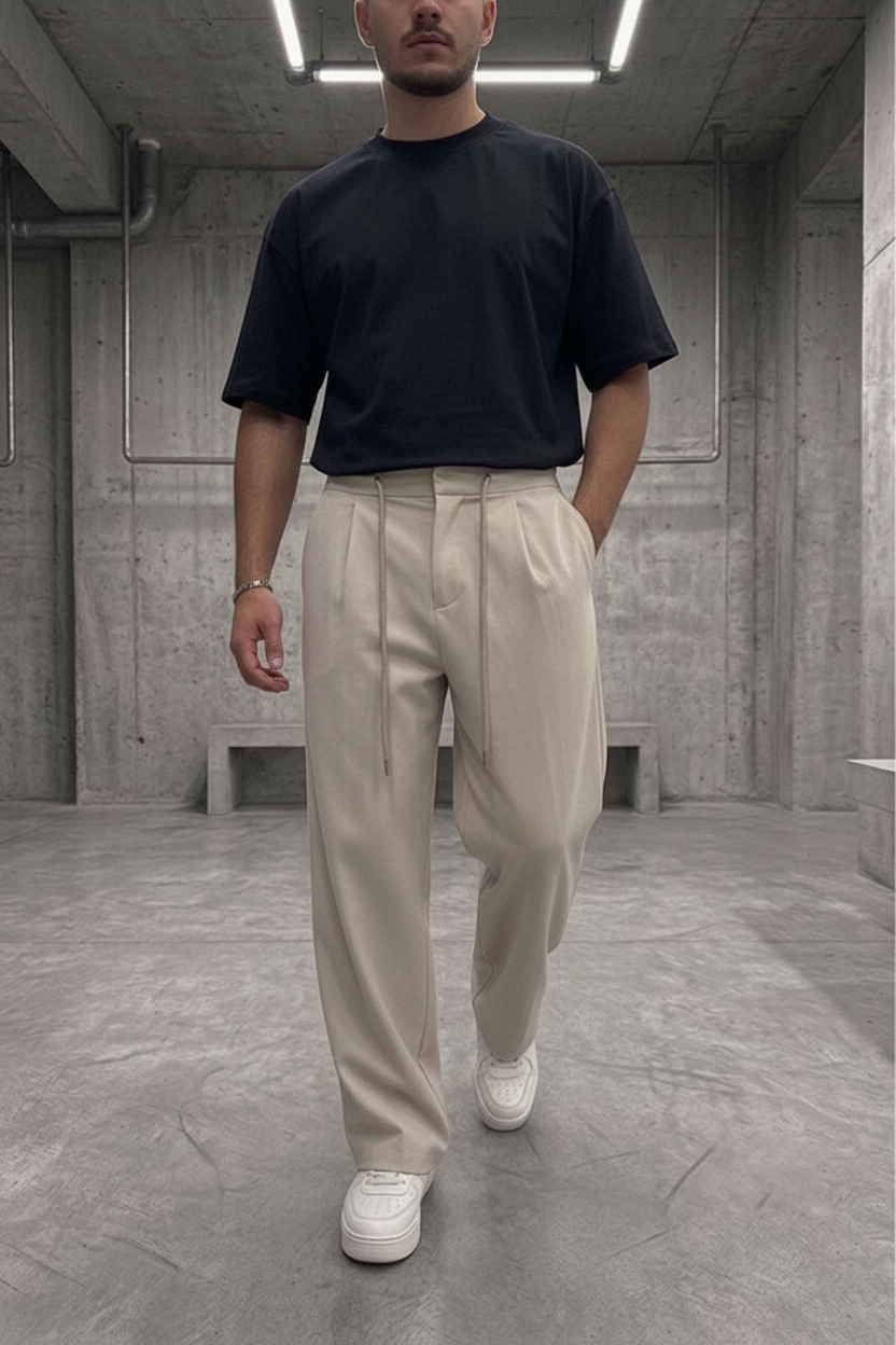 Παντελόνι Premium Viscose-Blend Baggy Drawstring Studio –  Μπεζ-Εκρού