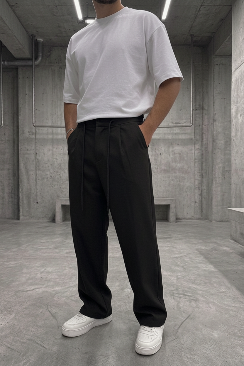 Παντελόνι Premium Viscose-Blend Baggy Drawstring Studio – Μαύρο