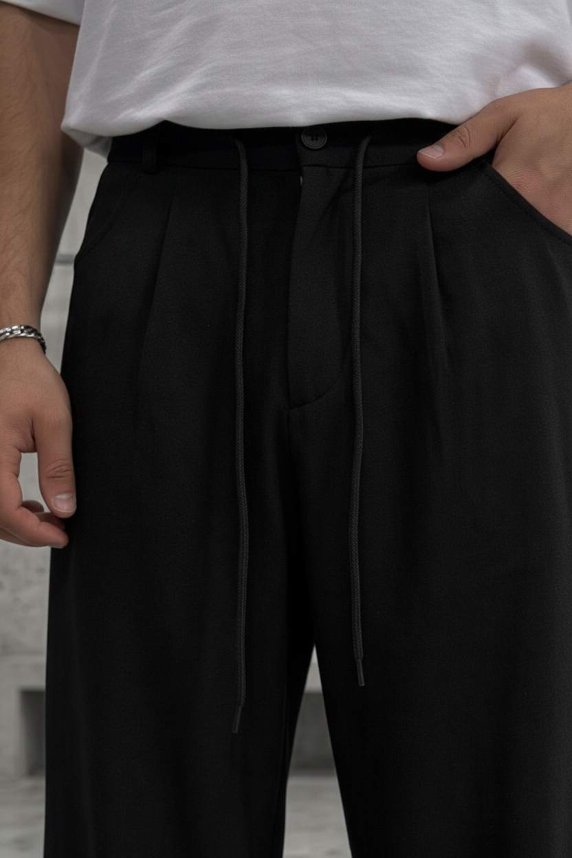 Παντελόνι Premium Viscose-Blend Baggy Drawstring Studio – Μαύρο