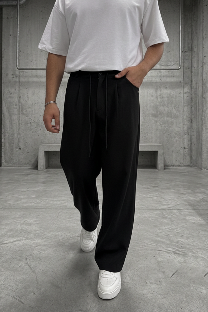 Παντελόνι Premium Viscose-Blend Baggy Drawstring Studio – Μαύρο