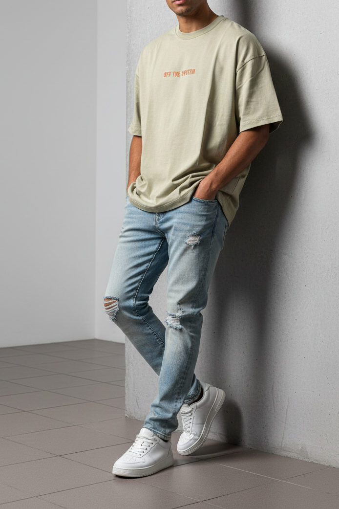 Oversized T-Shirt με Τύπωμα  off the system – Μπεζ