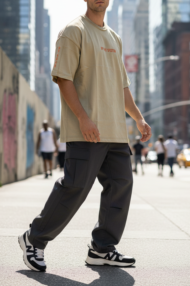 Oversized T-Shirt με Τύπωμα  off the system – Μπεζ