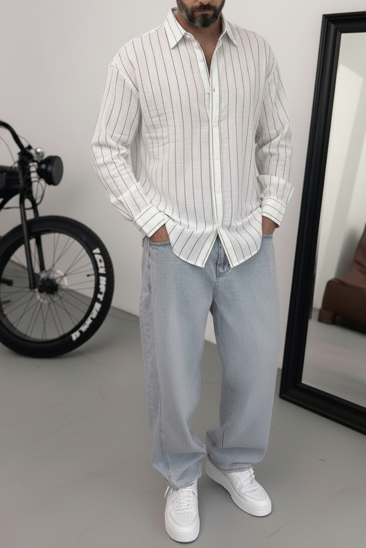 Πουκάμισο Linen-Blend Vertical Stripe Studio – Λευκό