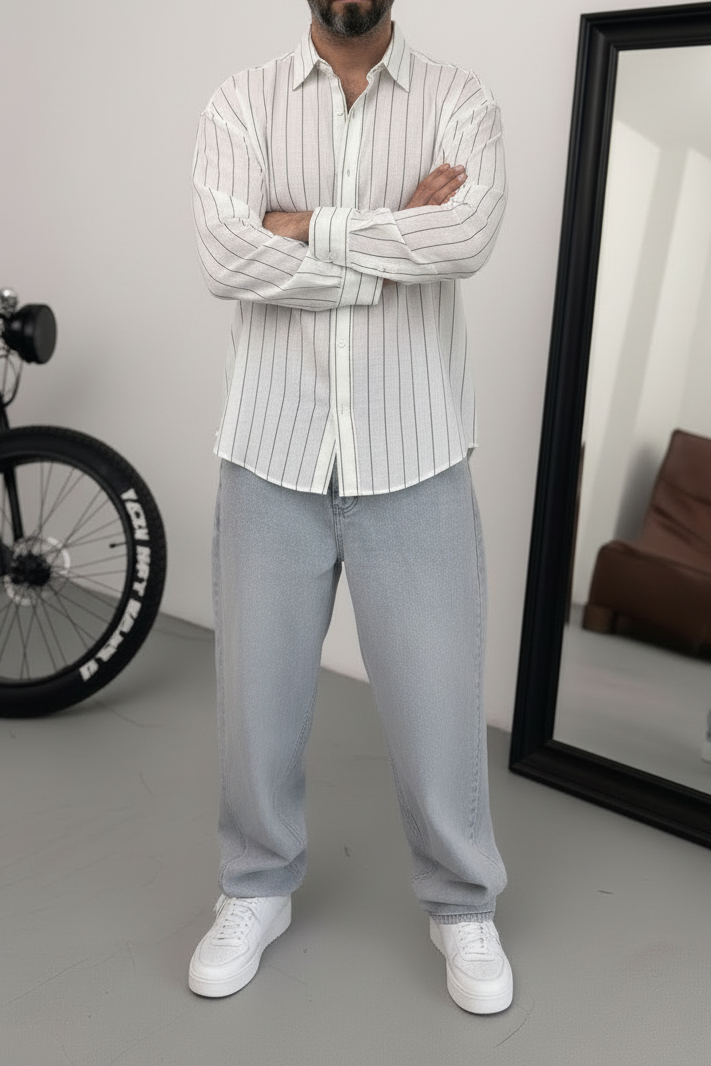 Πουκάμισο Linen-Blend Vertical Stripe Studio – Λευκό