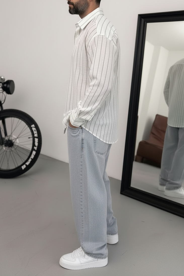Πουκάμισο Linen-Blend Vertical Stripe Studio – Λευκό