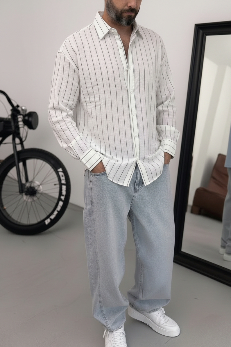 Πουκάμισο Linen-Blend Vertical Stripe Studio – Λευκό