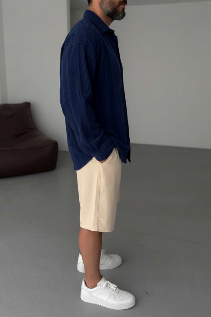Πουκάμισο Linen-Blend Vertical Stripe Studio – Σκούρο Μπλε