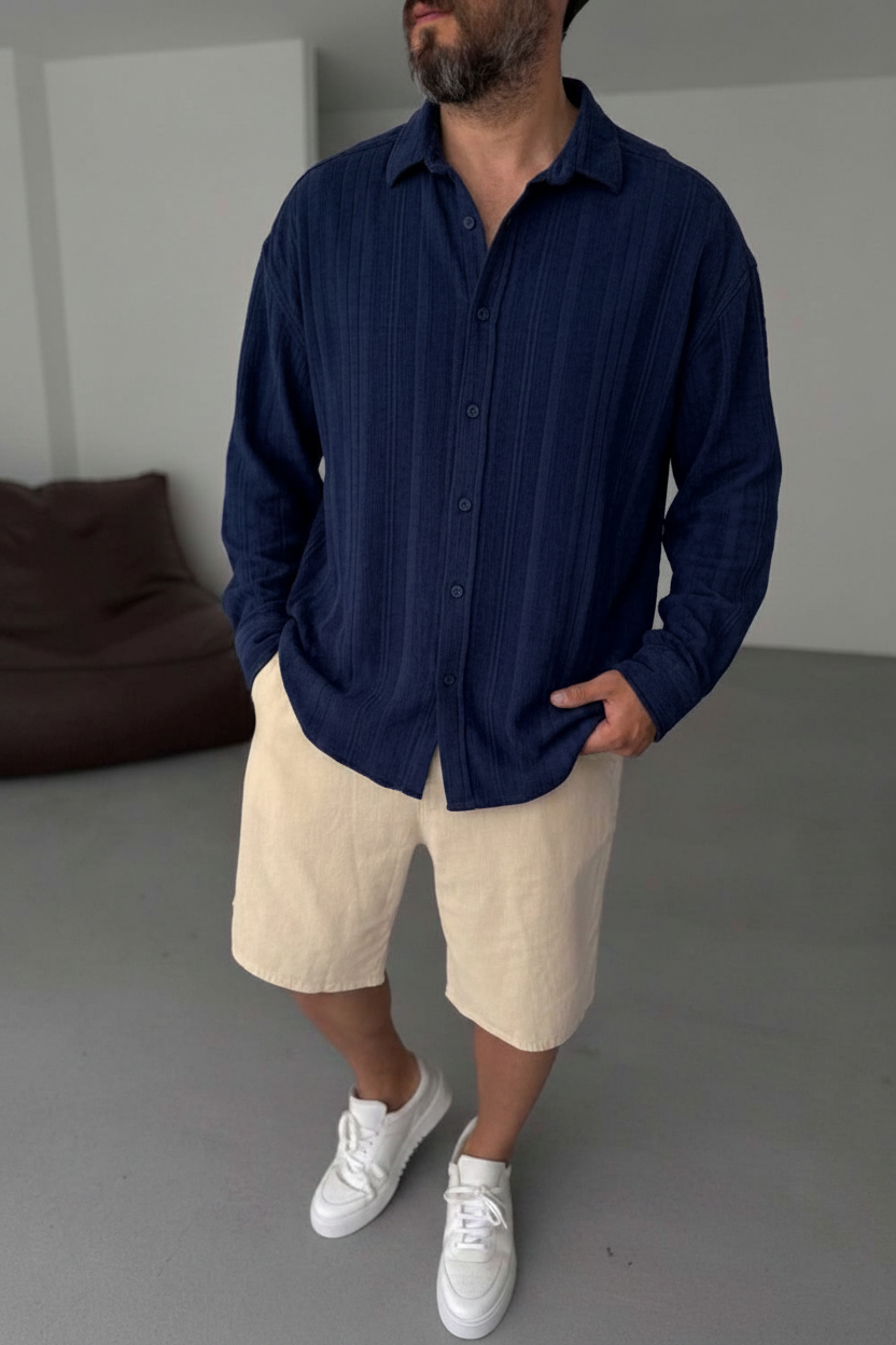 Πουκάμισο Linen-Blend Vertical Stripe Studio – Σκούρο Μπλε
