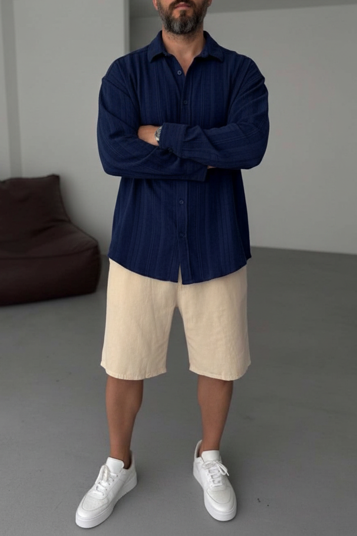 Πουκάμισο Linen-Blend Vertical Stripe Studio – Σκούρο Μπλε