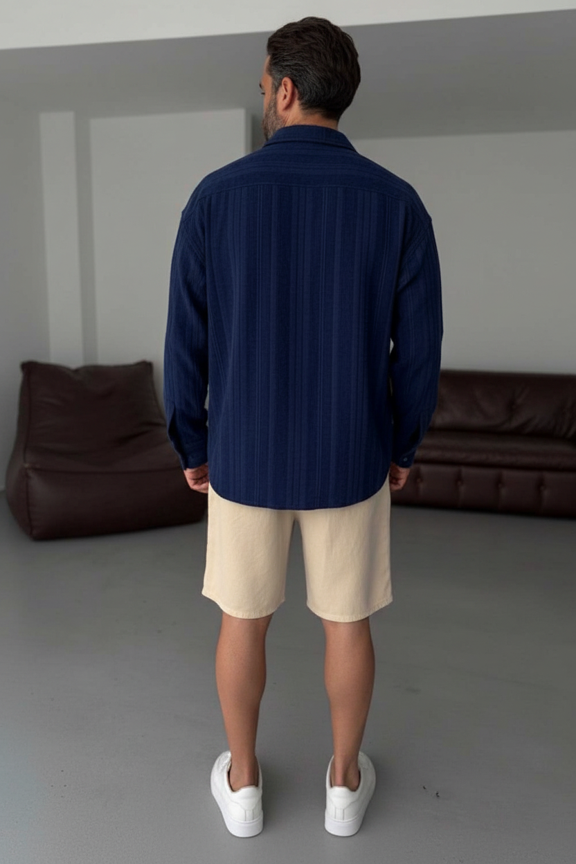 Πουκάμισο Linen-Blend Vertical Stripe Studio – Σκούρο Μπλε