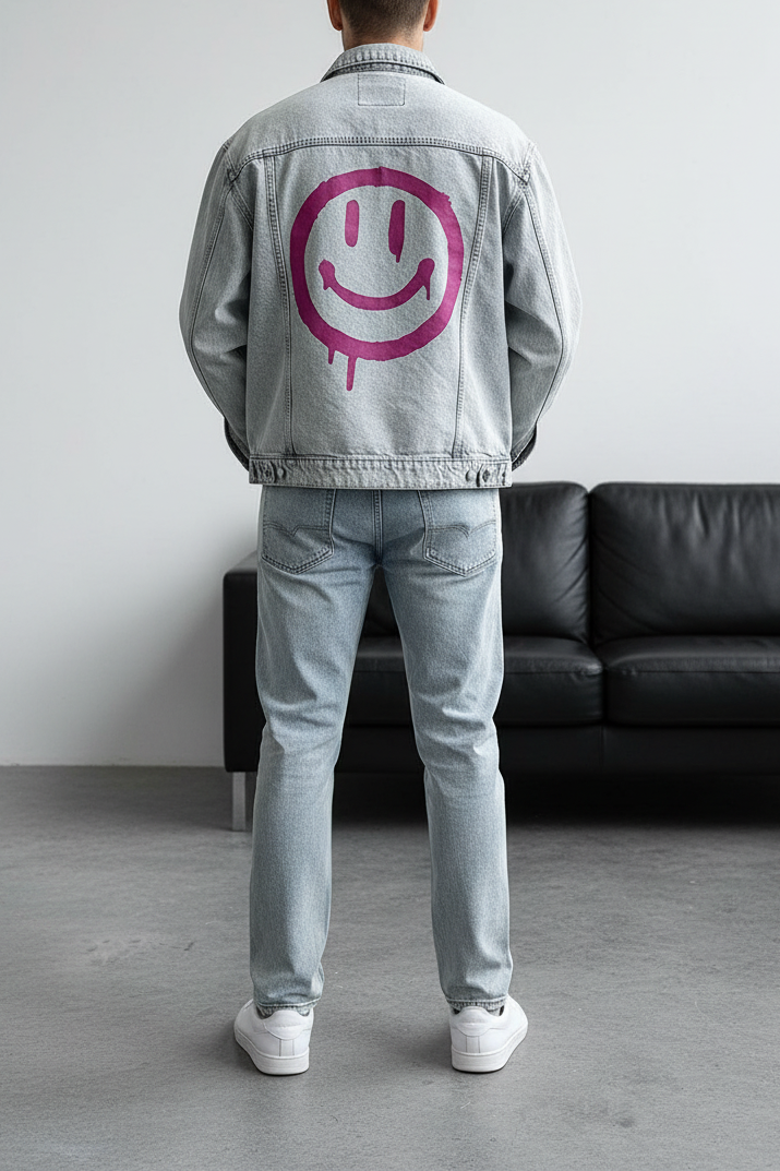 Denim Jacket Acid-Wash Smiley-Drip – Light Blue