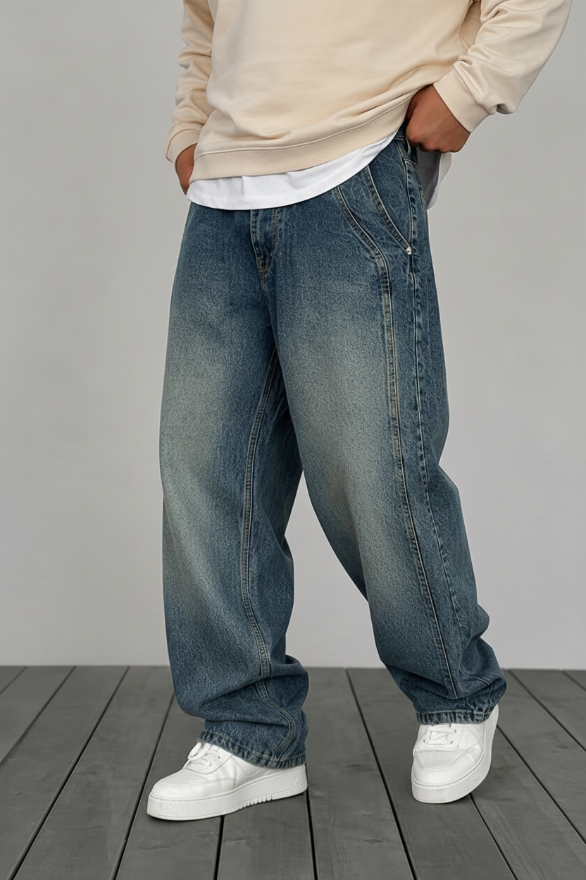 Minimal Baggy Παντελόνι σε Ίσια Straight Γραμμή – Πεπαλαιωμένο Μπλε