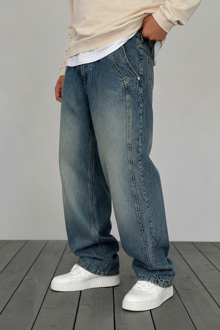 Minimal Baggy Παντελόνι σε Ίσια Straight Γραμμή – Πεπαλαιωμένο Μπλε