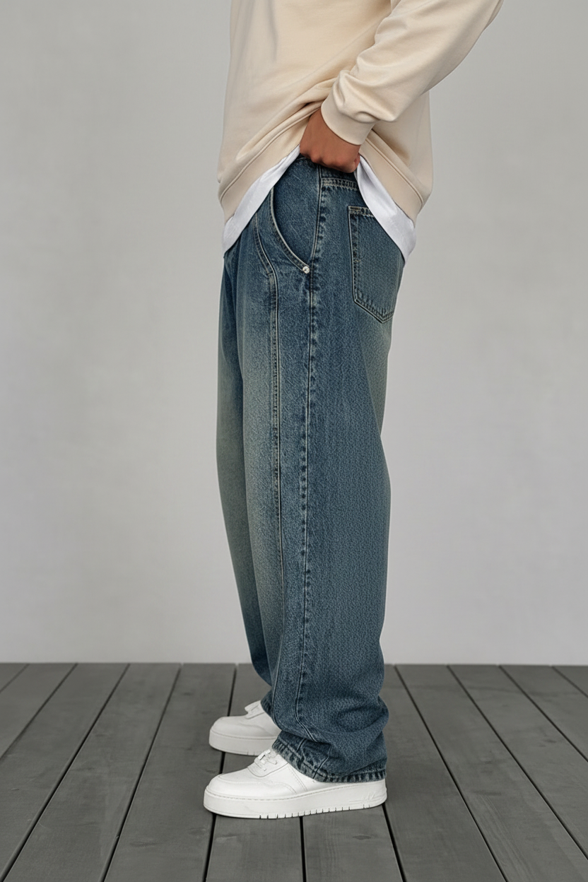 Minimal Baggy Παντελόνι σε Ίσια Straight Γραμμή – Πεπαλαιωμένο Μπλε
