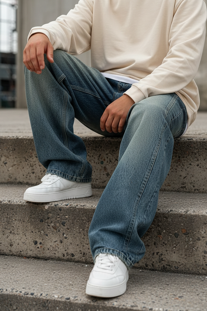 Minimal Baggy Παντελόνι σε Ίσια Straight Γραμμή – Πεπαλαιωμένο Μπλε