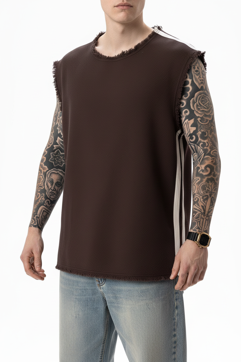 Αμάνικο Top Raw-Edge Side-Stripe – Καφέ