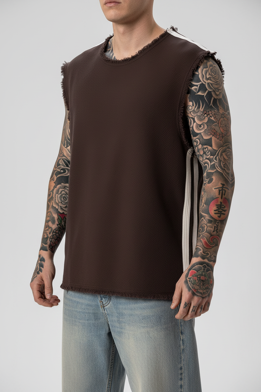Αμάνικο Top Raw-Edge Side-Stripe – Καφέ