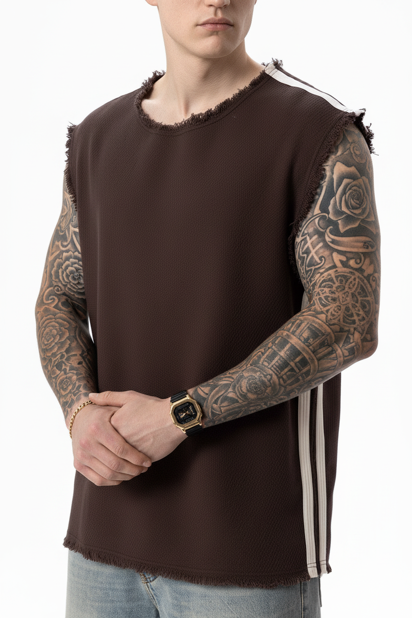 Αμάνικο Top Raw-Edge Side-Stripe – Καφέ