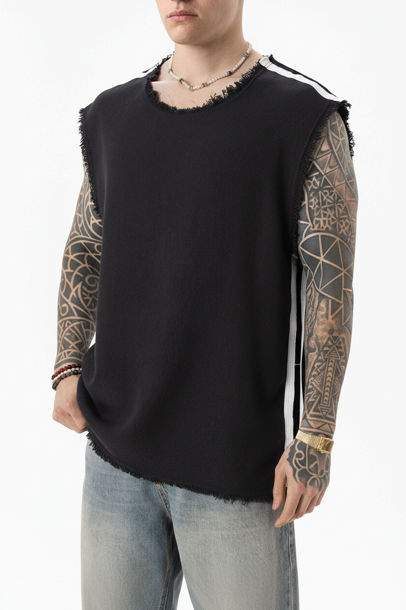 Αμάνικο Top Raw-Edge Side-Stripe – Μαύρο