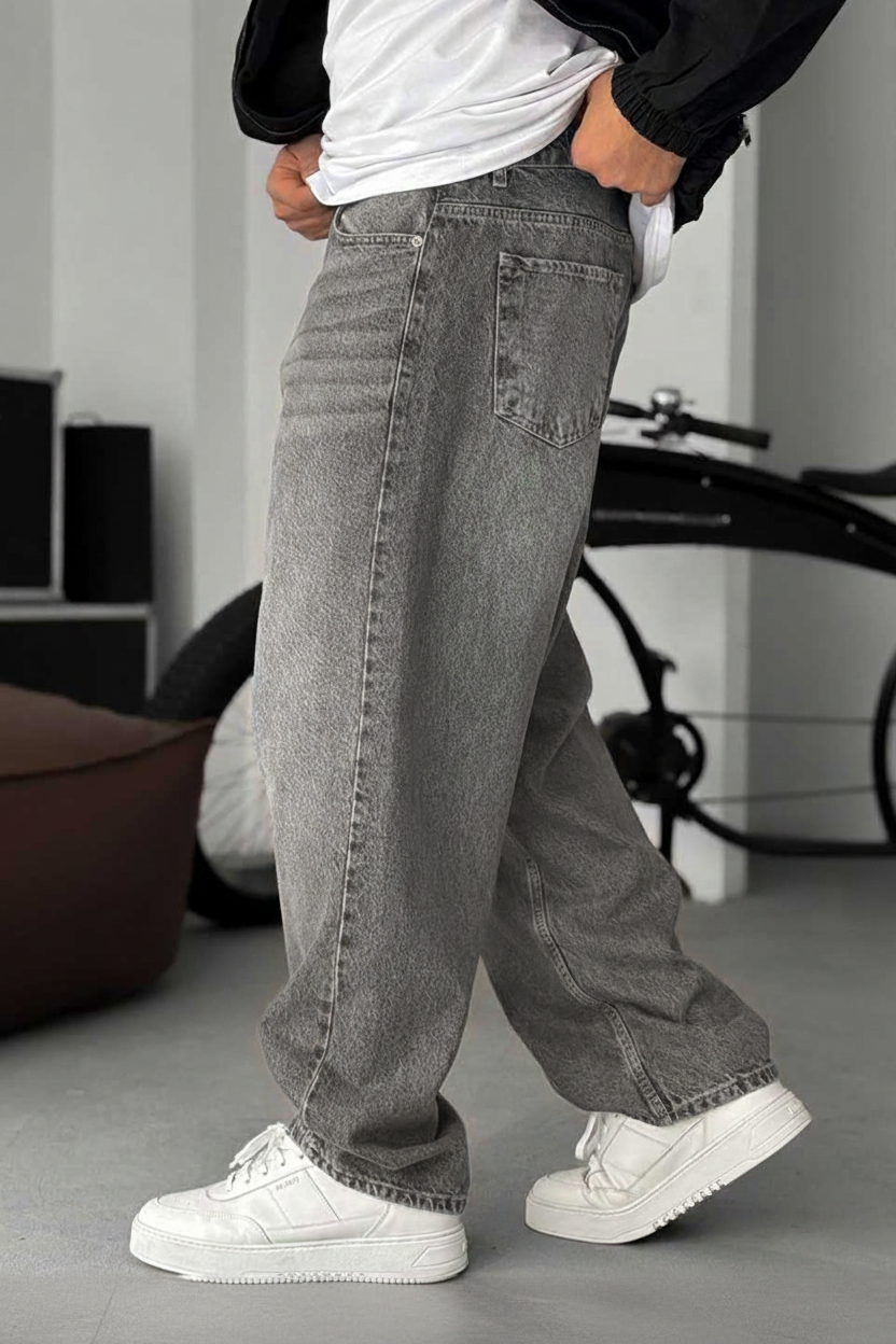 Washed Baggy Jean με Τονισμένες Ραφές- Ανοιχτό Γκρι