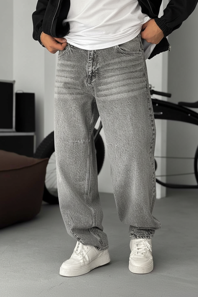 Washed Baggy Jean με Τονισμένες Ραφές- Ανοιχτό Γκρι
