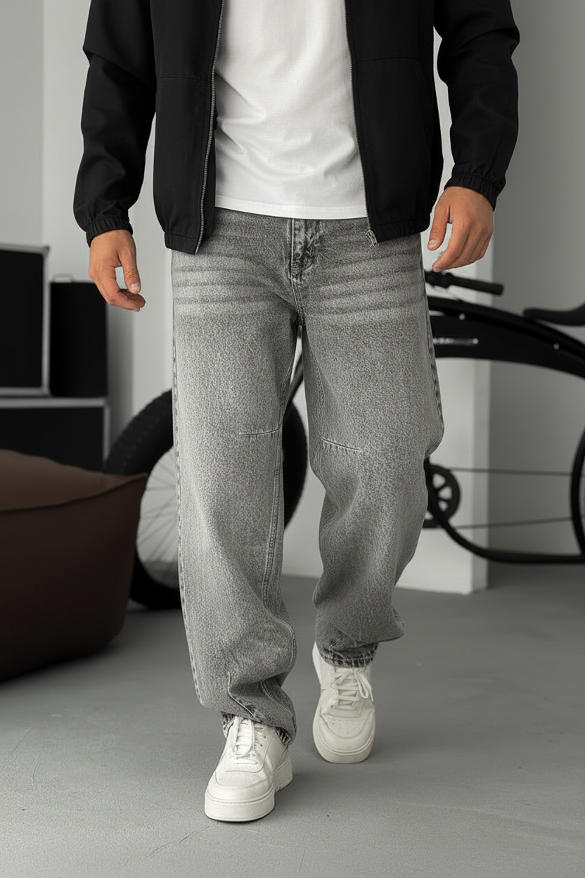 Washed Baggy Jean με Τονισμένες Ραφές- Ανοιχτό Γκρι