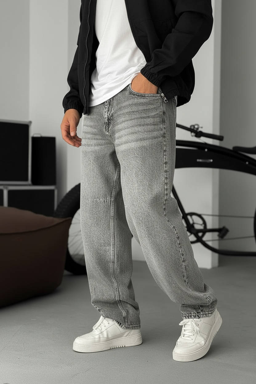 Washed Baggy Jean με Τονισμένες Ραφές- Ανοιχτό Γκρι