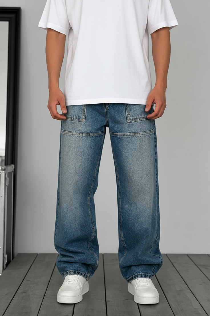 Workwear Τζιν Baggy Fit με Εφέ Panel – Μπλε Ξεβαμμένο