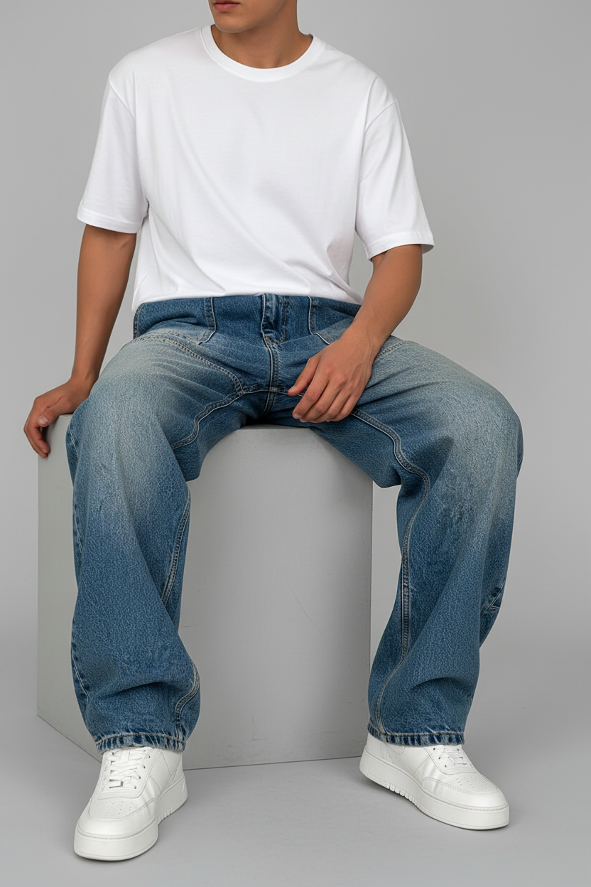 Workwear Τζιν Baggy Fit με Εφέ Panel – Μπλε Ξεβαμμένο