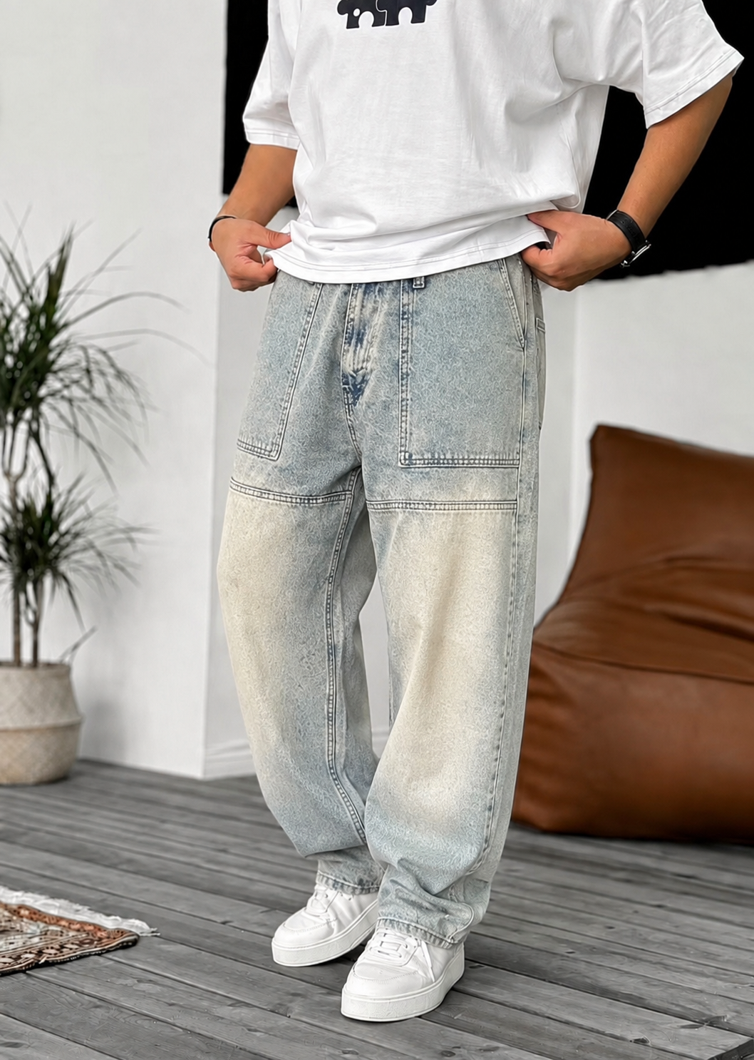 Workwear Τζιν Baggy Fit με Εφέ Panel – Γαλάζιο Έντονα Ξεβαμμένο
