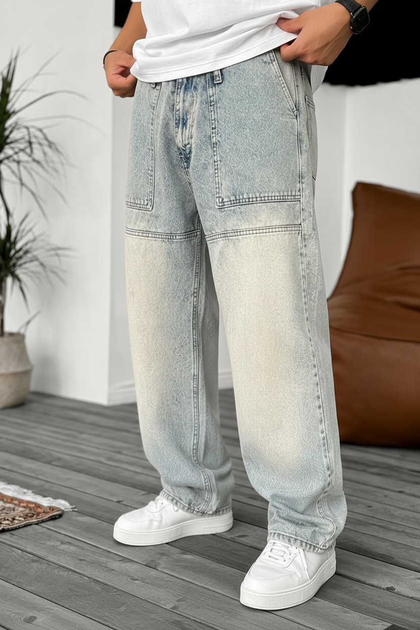 Workwear Τζιν Baggy Fit με Εφέ Panel – Γαλάζιο Έντονα Ξεβαμμένο