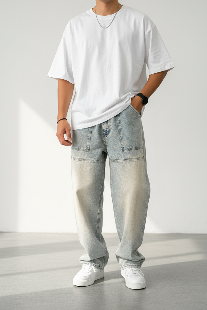Workwear Τζιν Baggy Fit με Εφέ Panel – Γαλάζιο Έντονα Ξεβαμμένο