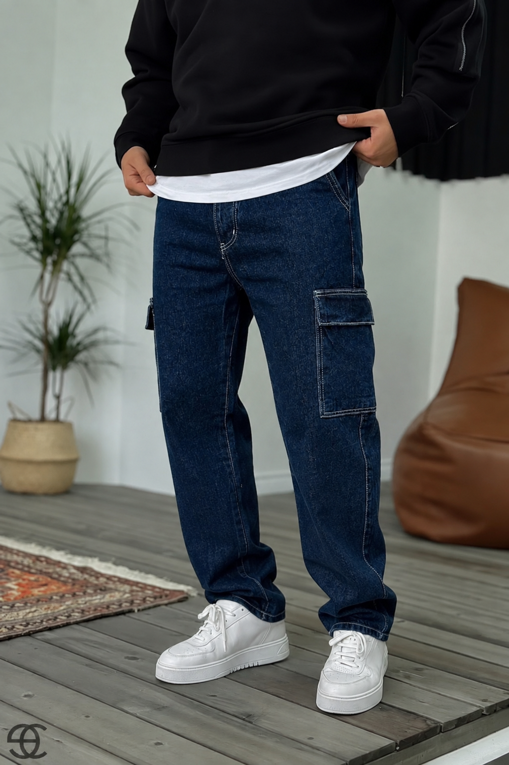 Baggy Jean Παντελόνι Cargo Με Ραφές – Σκούρο Μπλε