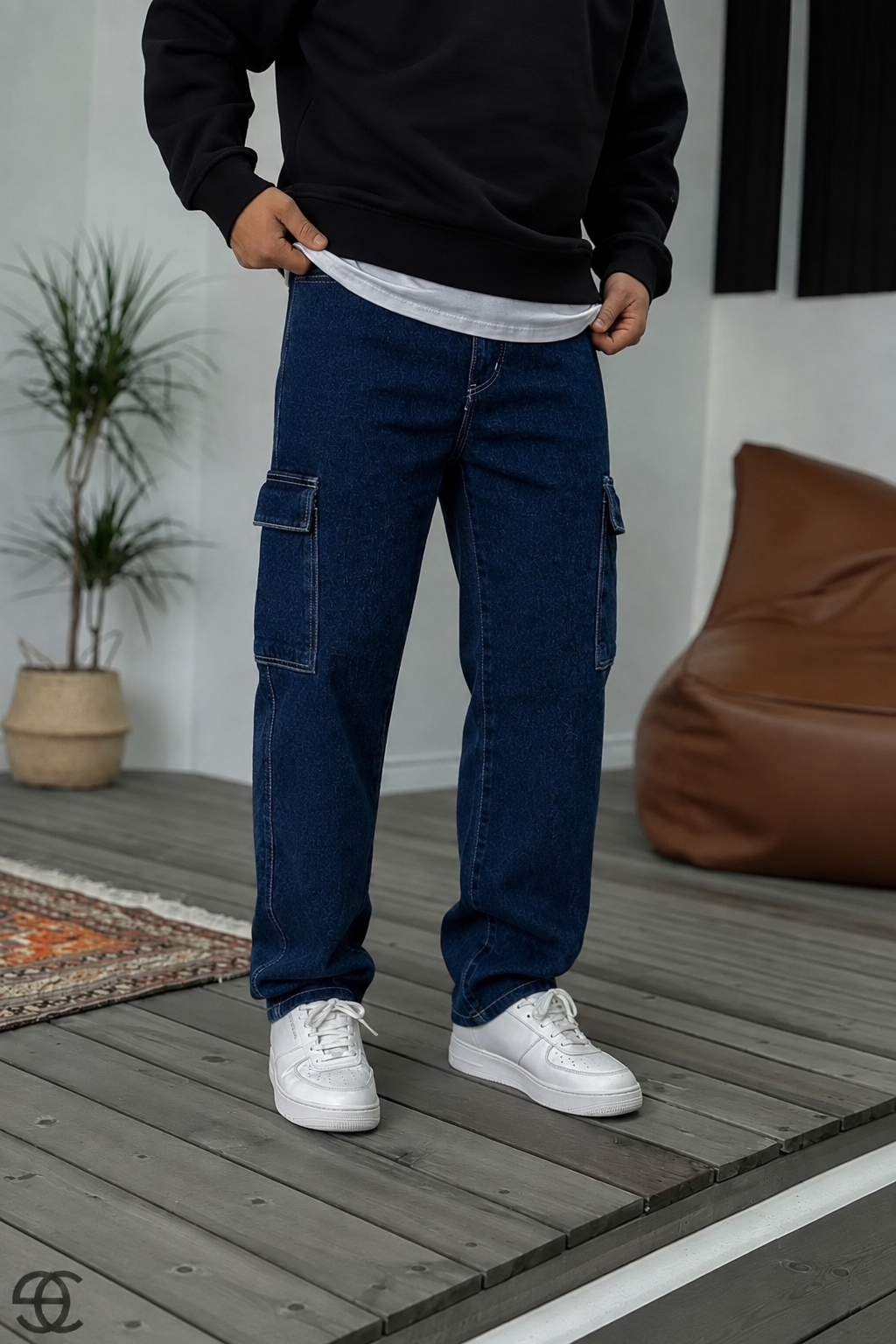 Baggy Jean Παντελόνι Cargo Με Ραφές – Σκούρο Μπλε
