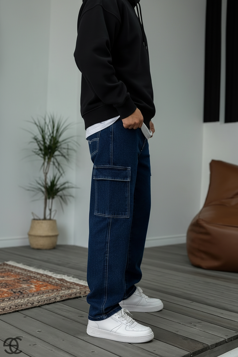 Baggy Jean Παντελόνι Cargo Με Ραφές – Σκούρο Μπλε