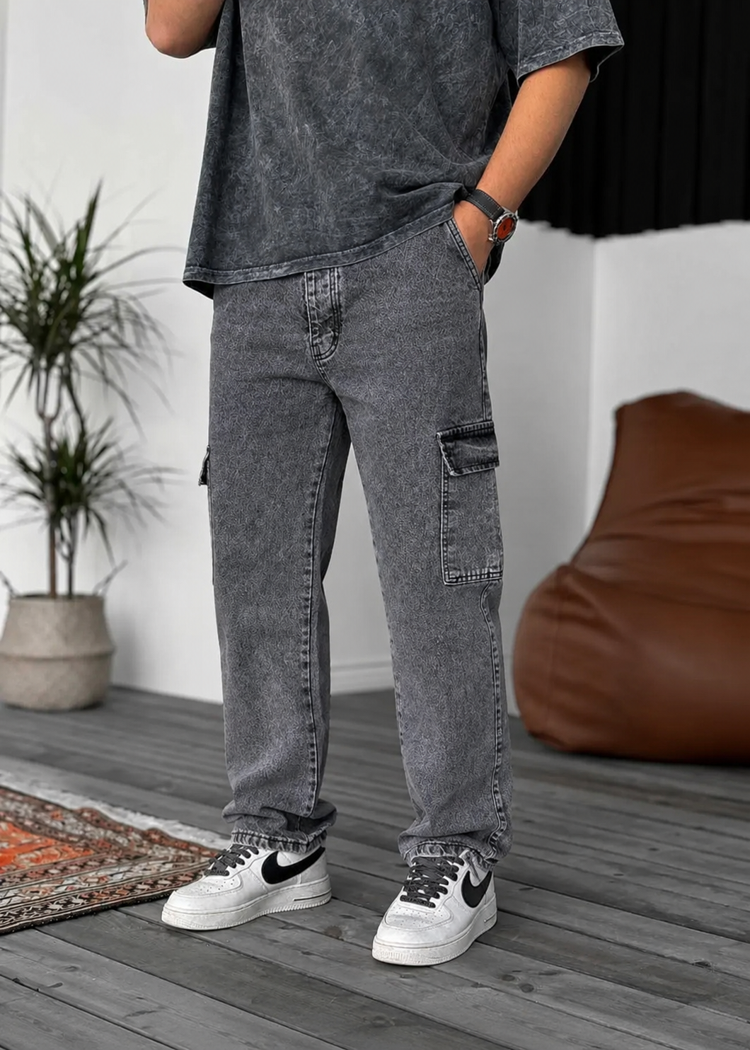 Baggy Jean Παντελόνι Cargo  – Ανθρακί