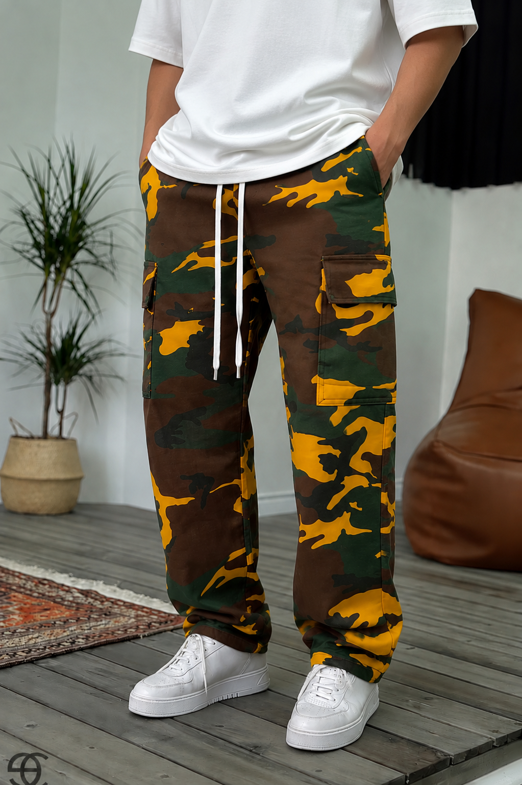 Camo Cargo Baggy Παντελόνι με Λάστιχο στη Μέση – Σκούρο Κίτρινο