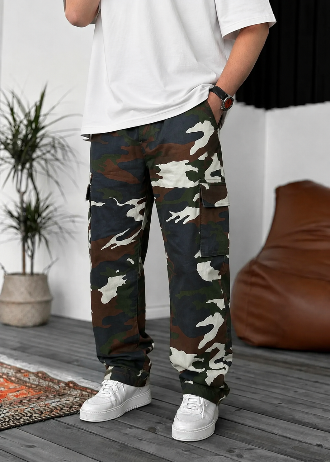 Camo Cargo Baggy Παντελόνι με Λάστιχο στη Μέση – Dark Blue