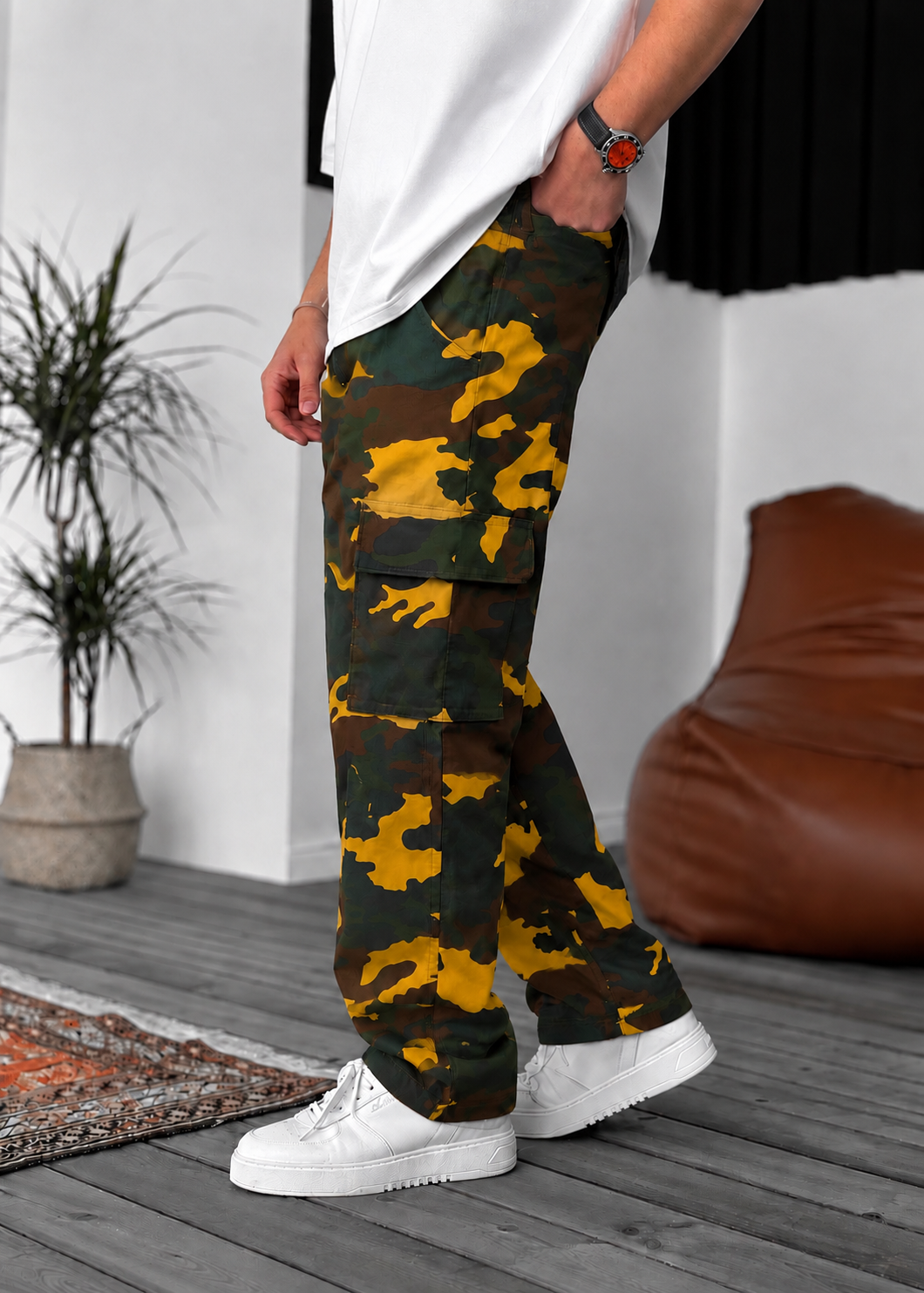 Camo Cargo Baggy Παντελόνι με Λάστιχο στη Μέση – Σκούρο Κίτρινο
