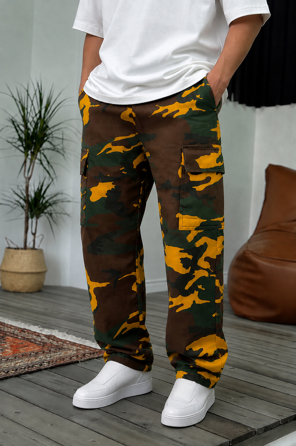 Camo Cargo Baggy Παντελόνι με Λάστιχο στη Μέση – Σκούρο Κίτρινο