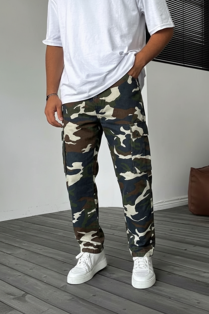 Camo Cargo Loose Fit Παντελόνι με Λάστιχο στη Μέση και Κουμπιά στο Τελείωμα – Dark Blue