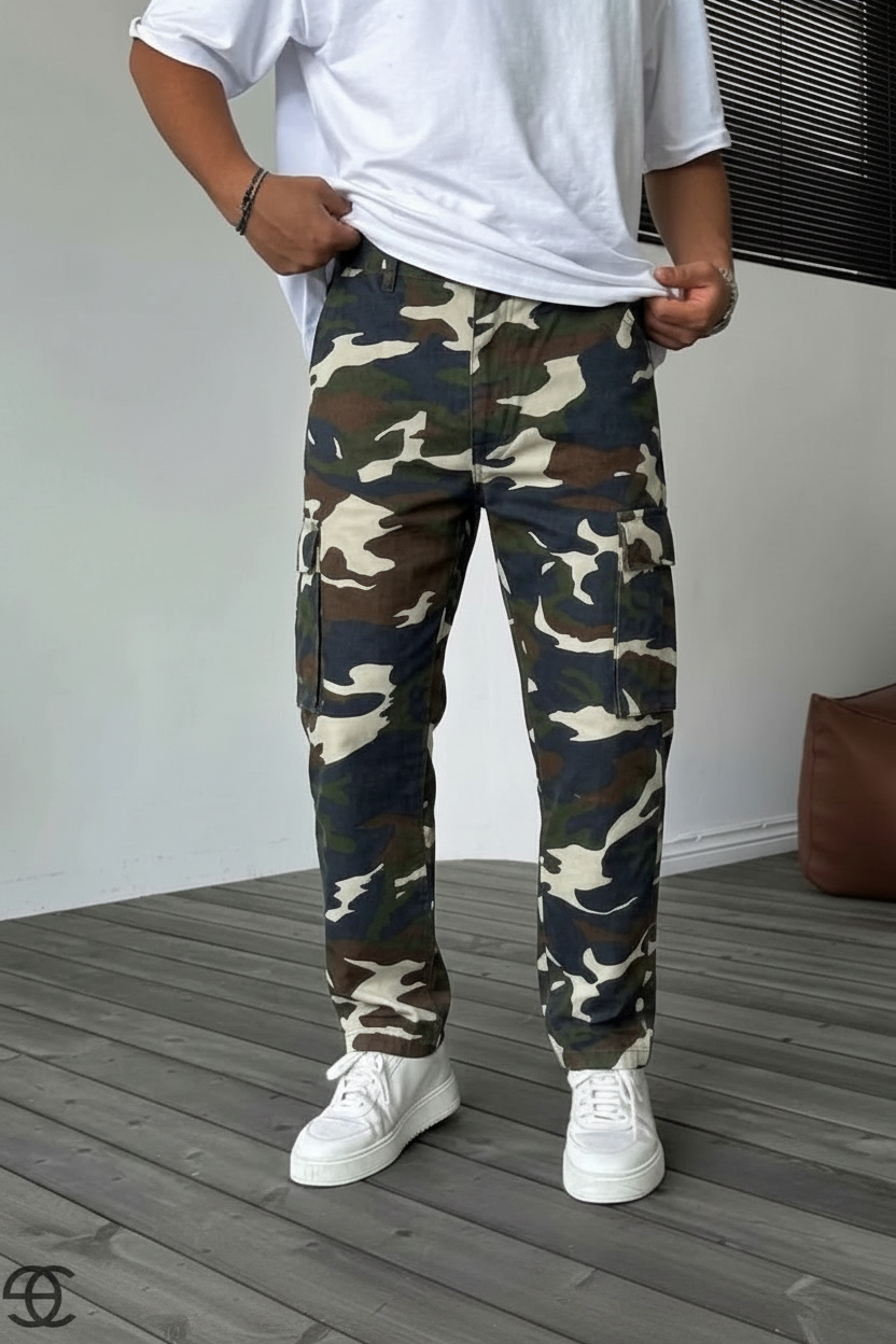 Camo Cargo Loose Fit Παντελόνι με Λάστιχο στη Μέση και Κουμπιά στο Τελείωμα – Dark Blue