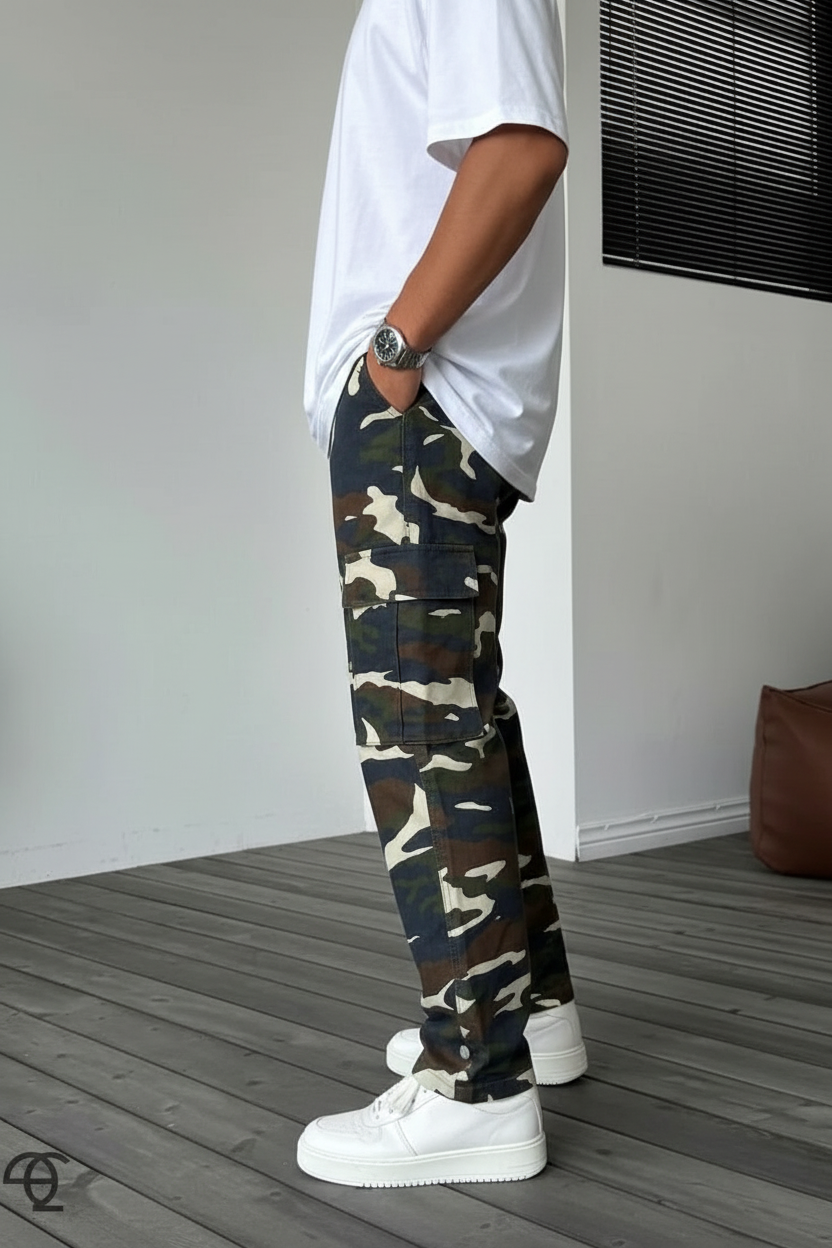 Camo Cargo Loose Fit Παντελόνι με Λάστιχο στη Μέση και Κουμπιά στο Τελείωμα – Dark Blue