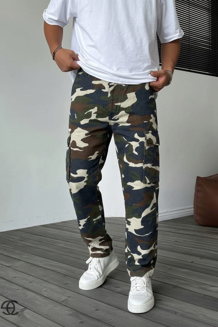 Camo Cargo Loose Fit Παντελόνι με Λάστιχο στη Μέση και Κουμπιά στο Τελείωμα – Dark Blue