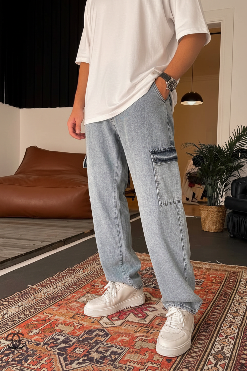 Baggy Jean Παντελόνι Cargo - Γαλάζιο
